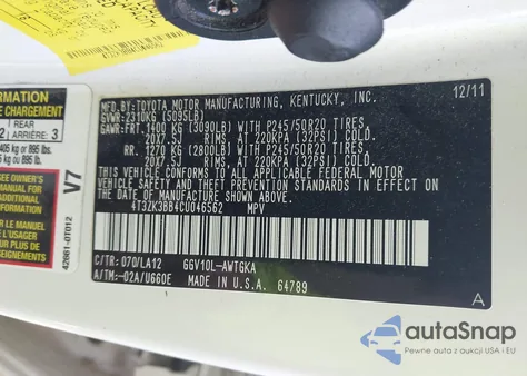 2012 Toyota Venza Xle V6 из США, поврежденный, VIN 4T3ZK3BB4CU046562